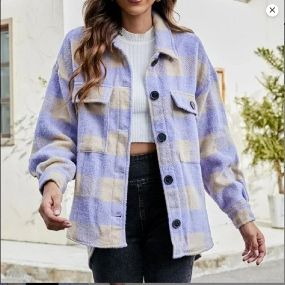 MISS SPARKLING Plaid Flannel Purple Shirt Jacket - Picture 2 of 13